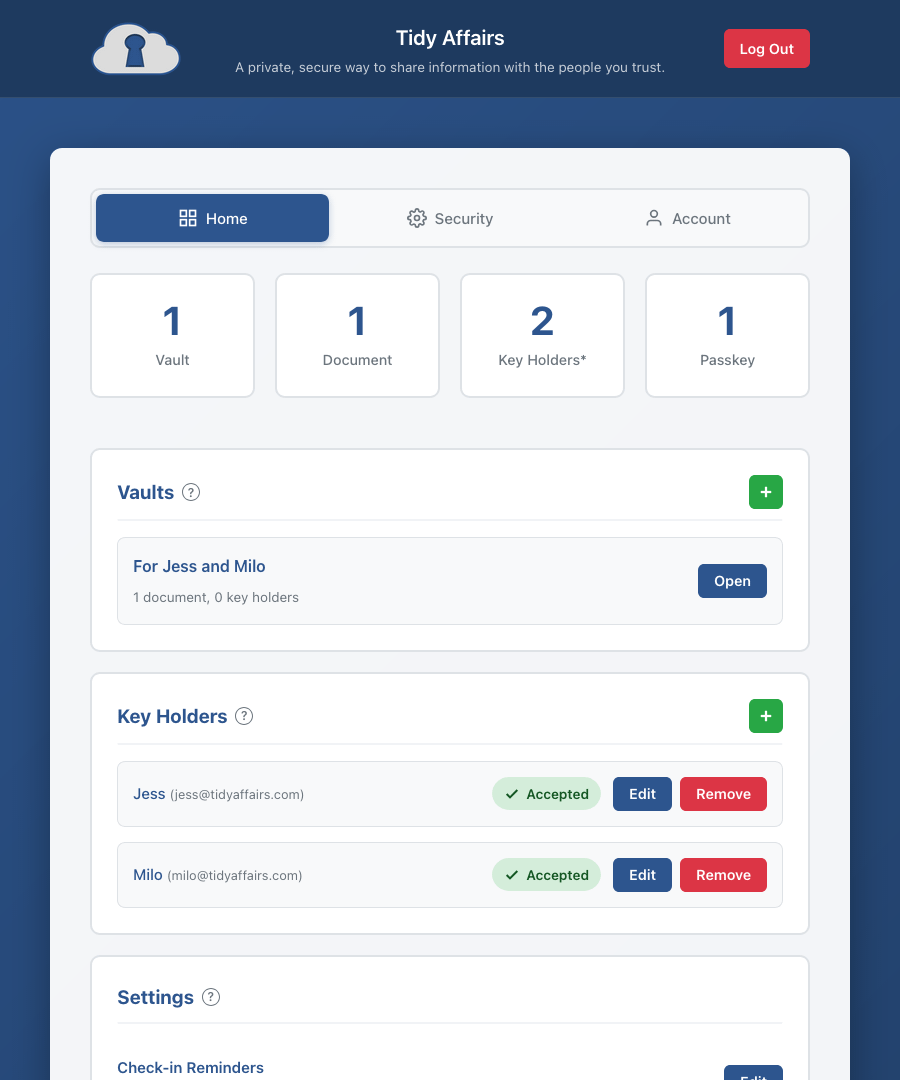 Tidy Affairs account dashboard showing vault list and key holder status